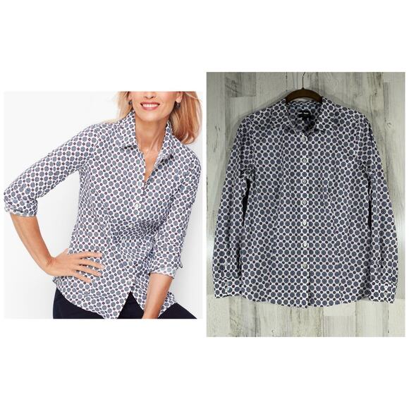 Talbots No Iron Perfect Shirt 8 Petite Button Front Blue Purple Geometric Print - Picture 1 of 10